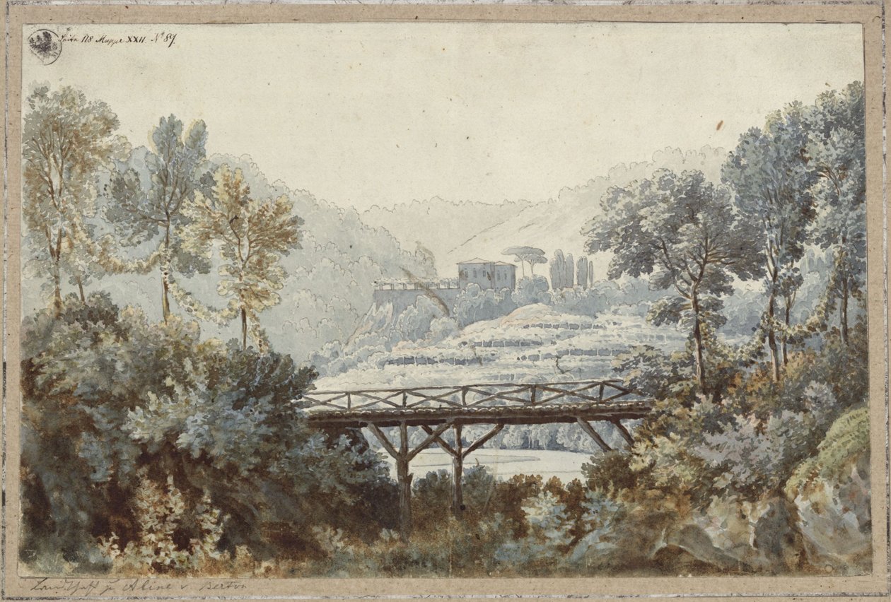 Aline, Golkonda királynője. Henri-Montan Berton operája. Terv a 2. díszlethez. Táj folyóval és híddal alkotó: Karl Friedrich Schinkel