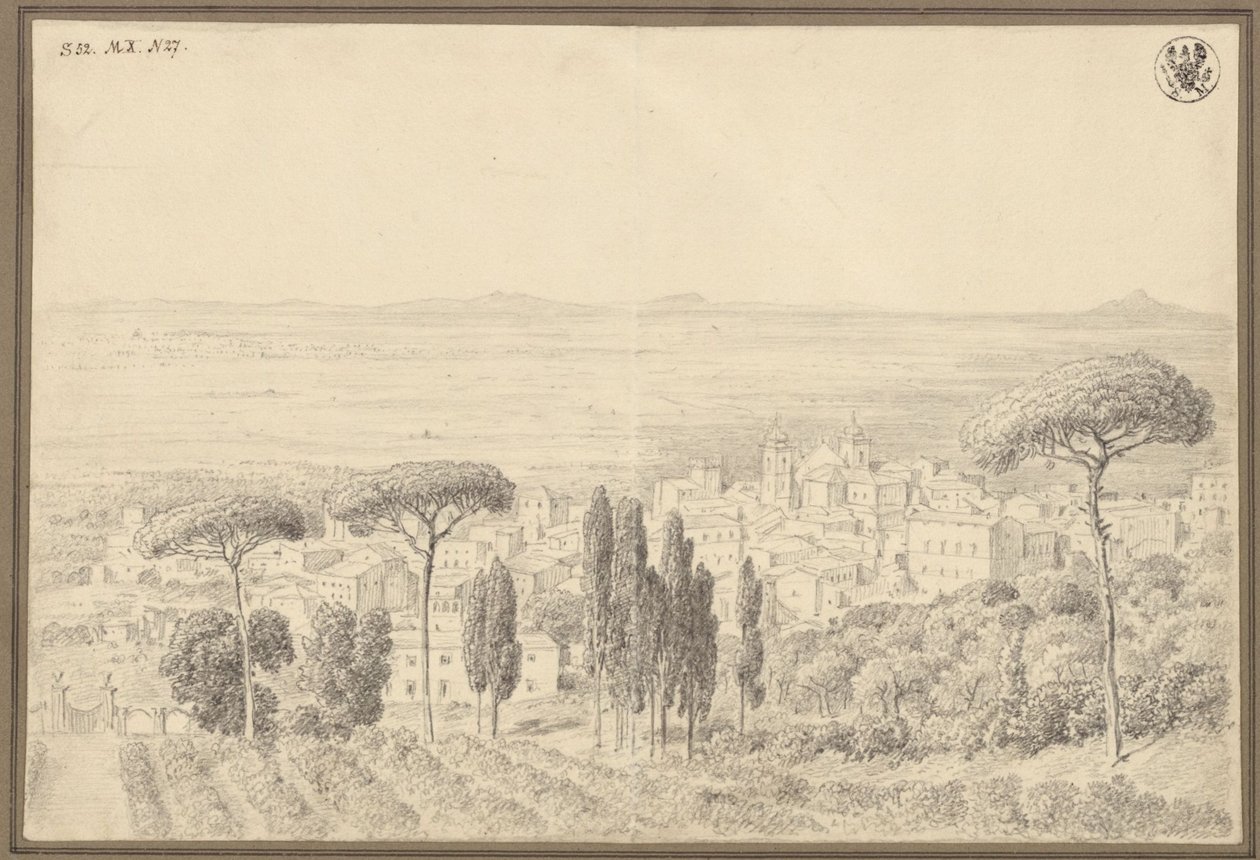 Kilátás egy településre, valószínűleg Róma külvárosában alkotó: Karl Friedrich Schinkel