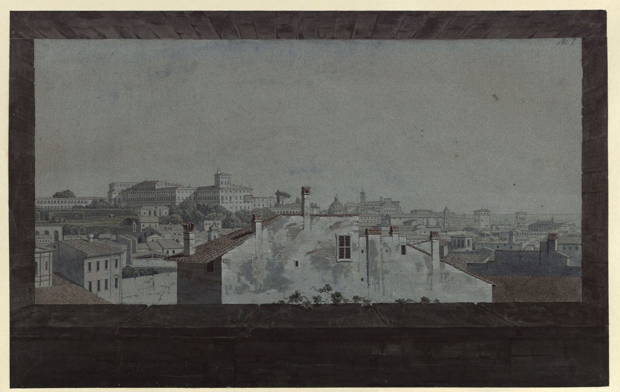 „A Quirinale-palota és Róma egy részének látképe, egy barát lakásának ablakából rajzolva” alkotó: Karl Friedrich Schinkel