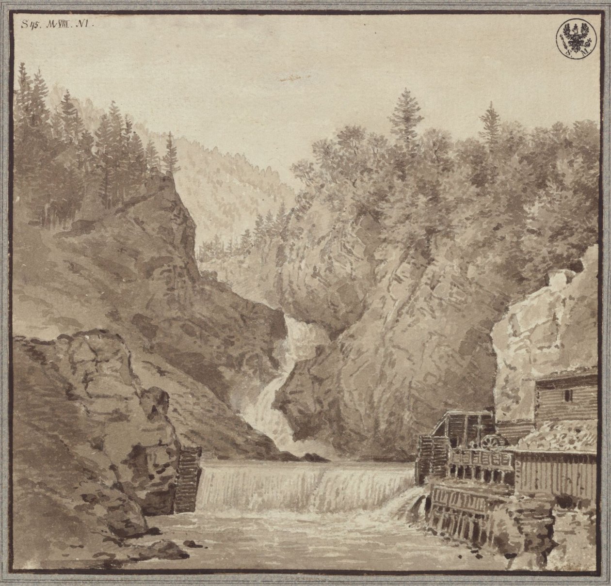 Vízesés látképe Lend közelében, Salzburg vidékén alkotó: Karl Friedrich Schinkel