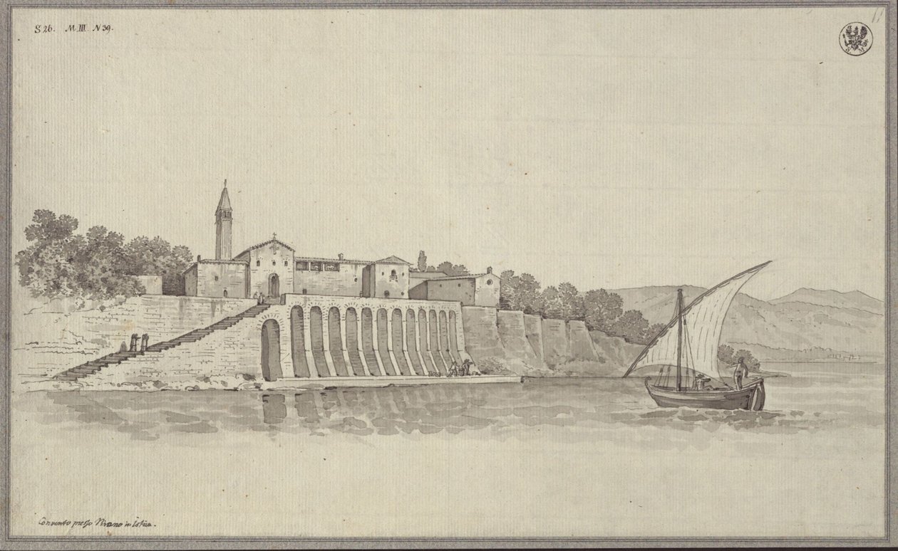 Kilátás a Portorož és Piran között, Isztria tartományban, Szlovénia területén található egykori Szent Bernardin ferences kolostorra alkotó: Karl Friedrich Schinkel