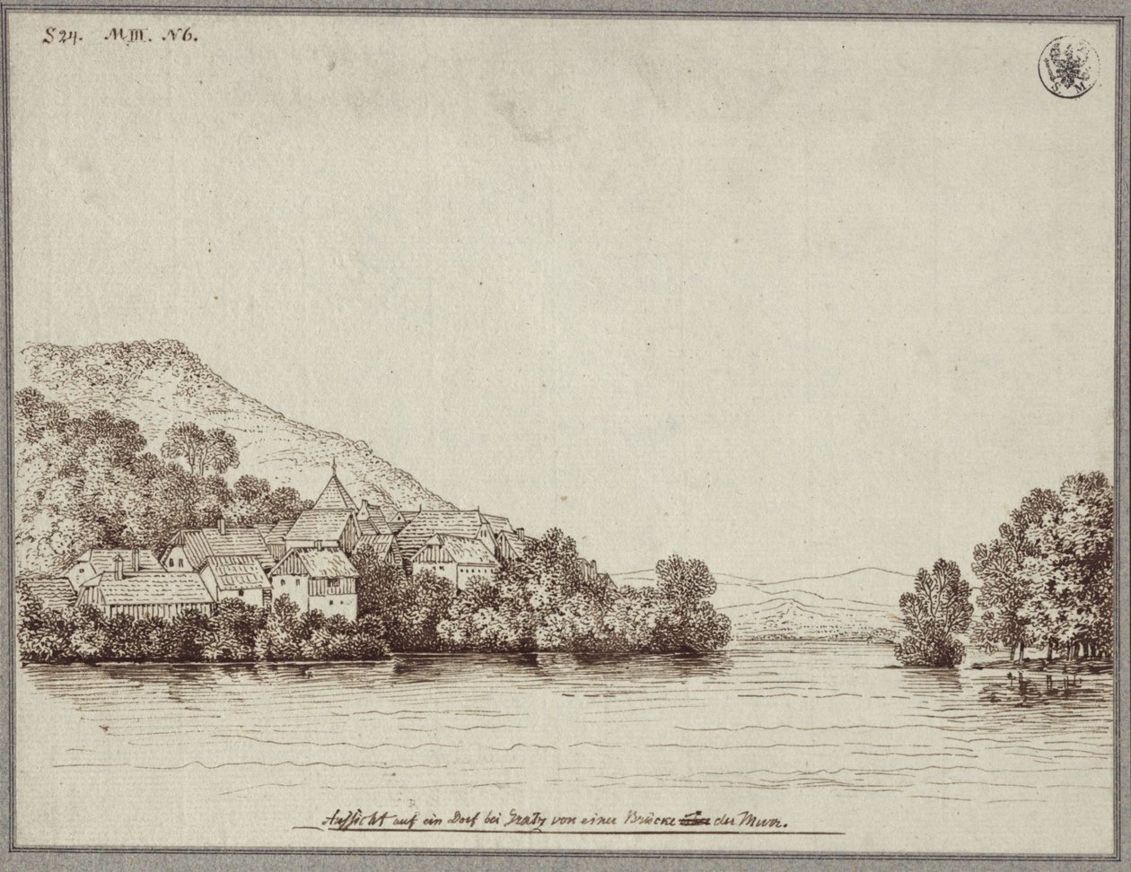 Kilátás egy Graz melletti falura a Mura egyik hídjáról alkotó: Karl Friedrich Schinkel