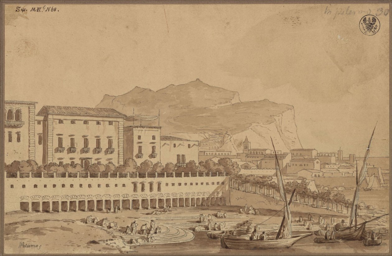 „Kilátás palermói lakásom erkélyéről, a kis városi kikötő, a távolban a Monte Pellegrino” alkotó: Karl Friedrich Schinkel