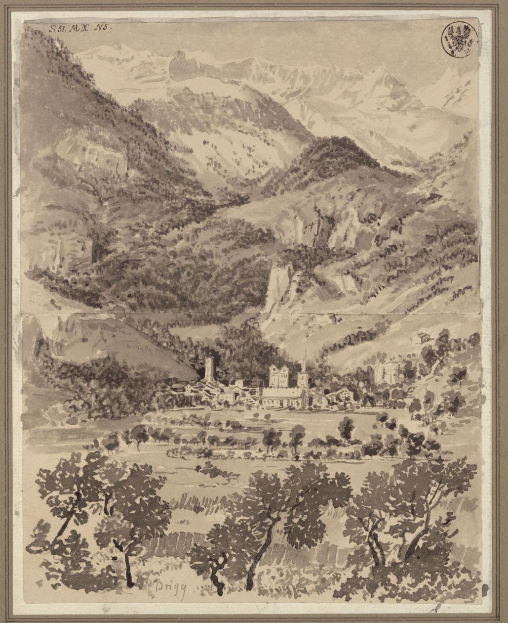 Brig és környékének látképe a svájci Valais kantonban alkotó: Karl Friedrich Schinkel