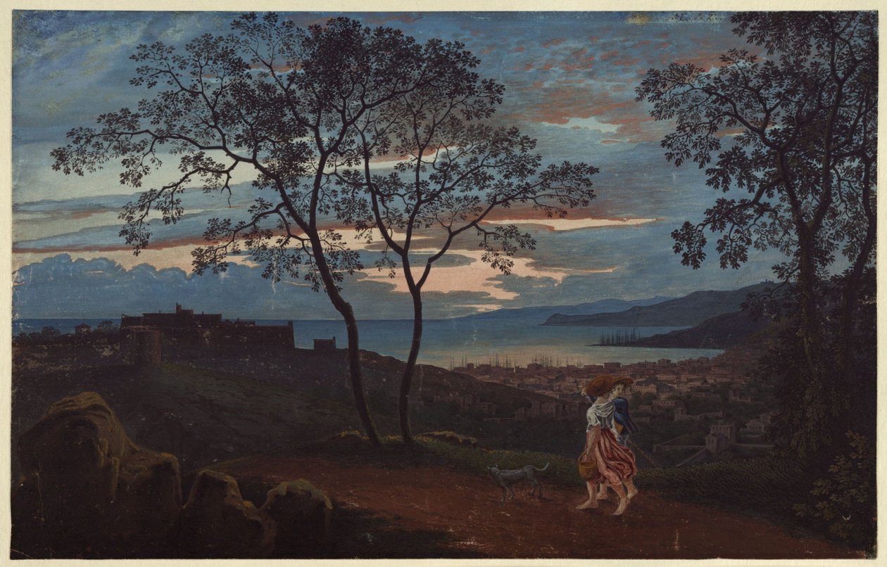 Trieszt látképe egy magaslatról, esti hangulatban alkotó: Karl Friedrich Schinkel