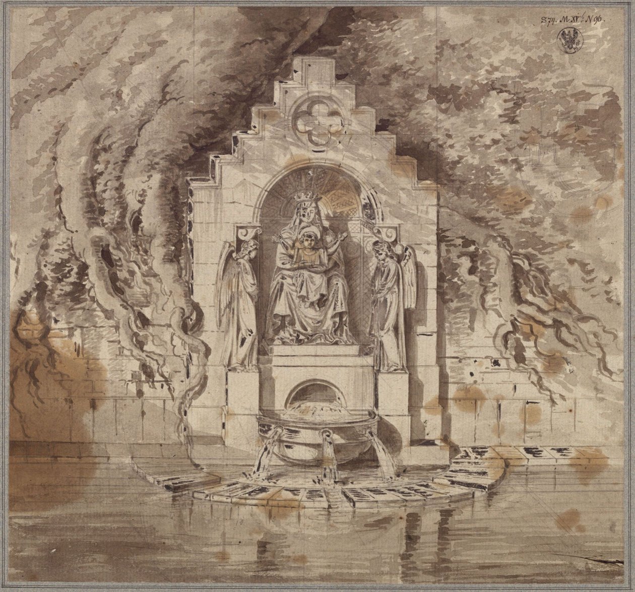 Egy forrás építészeti kerete, amelyen egy Madonna-szobor és két angyalszobor látható alkotó: Karl Friedrich Schinkel