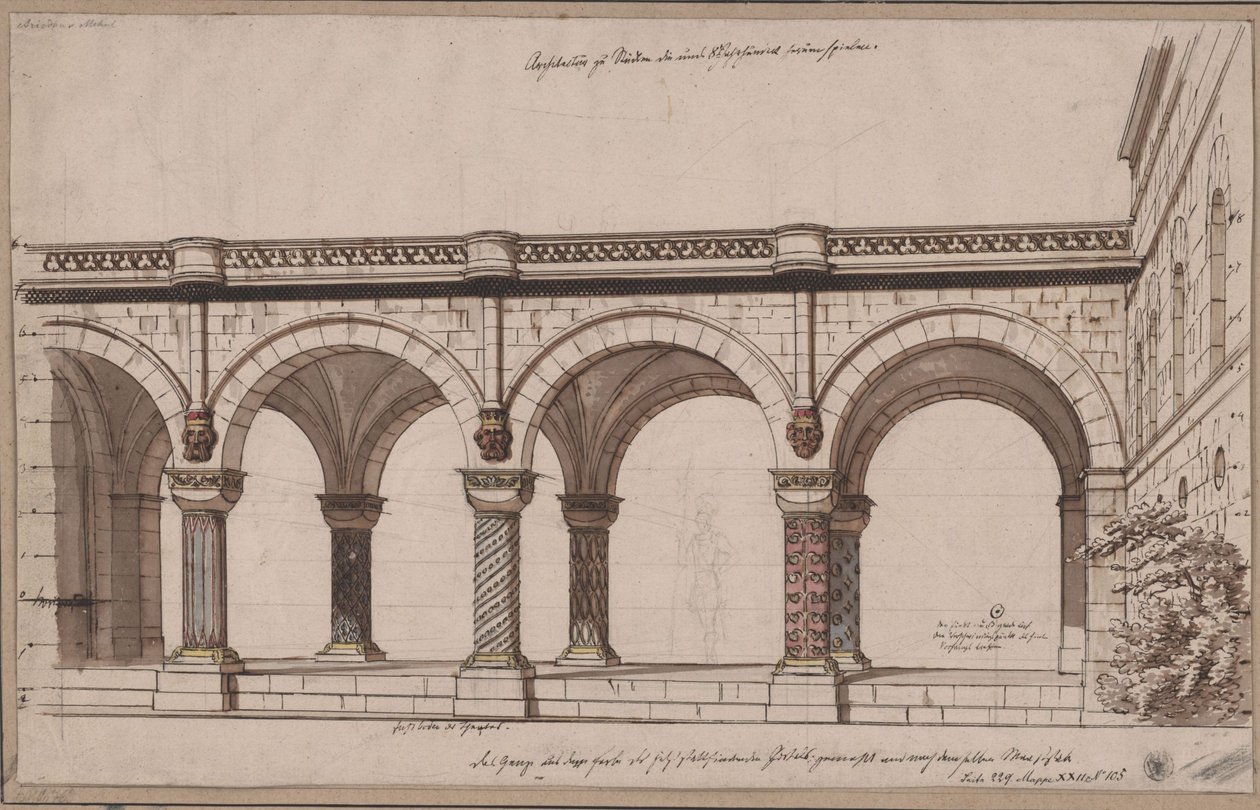 Ariodant. Étienne Nicolas Méhul operája. Terv az 1. díszlethez. Árkádsor / Egy galéria alkotó: Karl Friedrich Schinkel