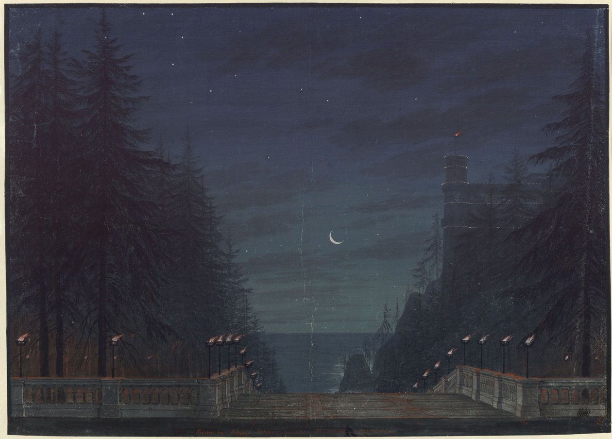 Ariodan. Étienne Nicolas Méhul operája. A 2. díszlet vázlata. Kert Edgar palotája mellett alkotó: Karl Friedrich Schinkel