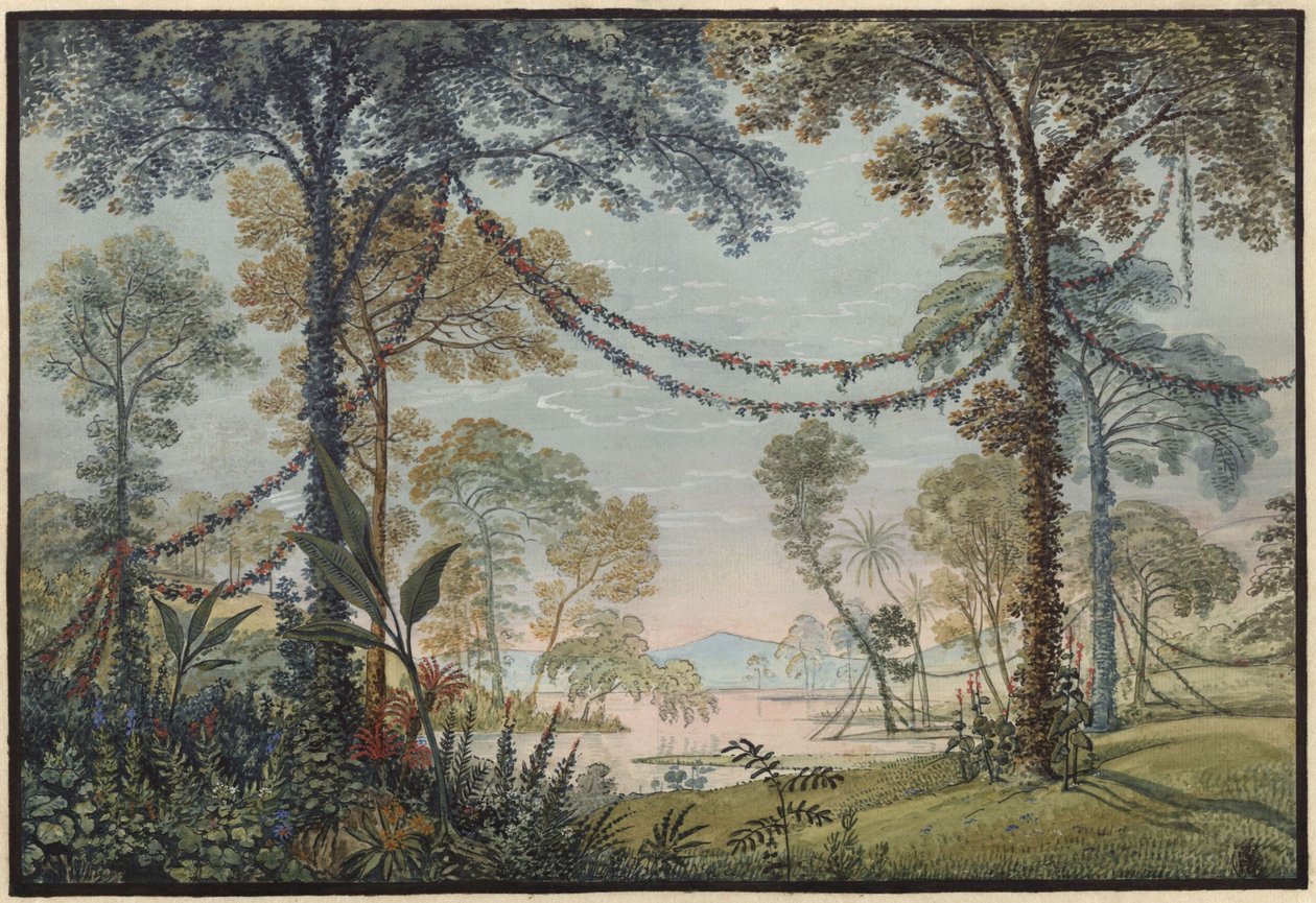 Armida. Operát írta Christoph Willibald Gluck. A 3. díszlet vázlata. Girlandokkal díszített liget a tóparton alkotó: Karl Friedrich Schinkel