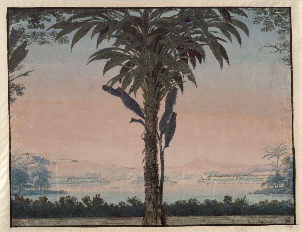 Athalia. Johann Nepomuk von Poissl operája. A 4. díszlet vázlata. A főpap kertje, egy nagy pálmafával egy víztükör előtt alkotó: Karl Friedrich Schinkel