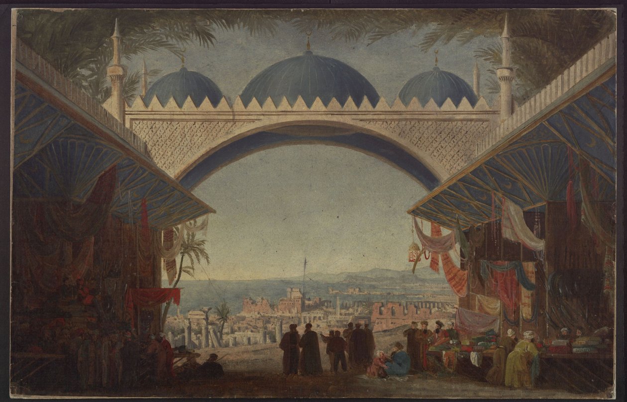 Aucassin és Nicolette. Georg Abraham Schneider operája. Az 5. díszlet vázlata. Bazár Tuniszban alkotó: Karl Friedrich Schinkel