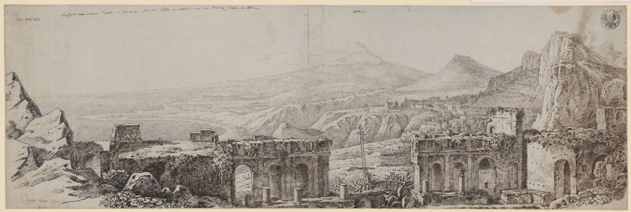 „Kilátás a taorminai antik színházból Catania partvidékére és a Monte Gibellóra vagy az Etnára” alkotó: Karl Friedrich Schinkel