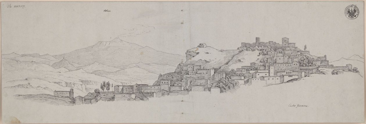 „Kilátás az Etnára Castro Giovanni magaslatáról” / Enna látképe az Etnával a háttérben alkotó: Karl Friedrich Schinkel