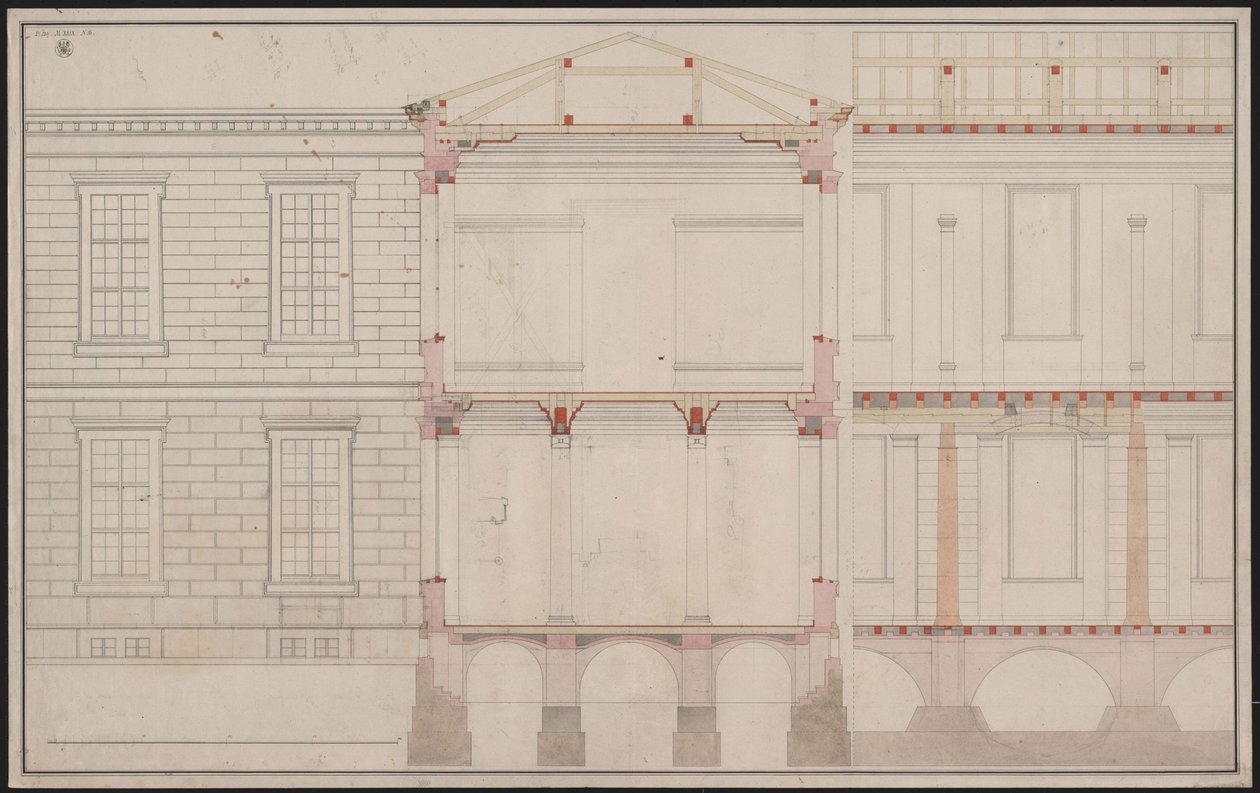 Berlin. Az Unter den Linden-i Akadémia épülete. A homlokzat részleges felülnézete, részleges hosszanti metszet és keresztmetszet alkotó: Karl Friedrich Schinkel