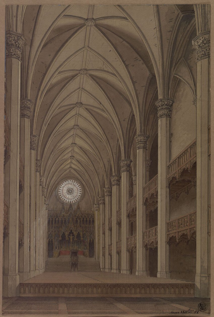 Berlin. Szent Péter-templom. A gótikus stílusú újjáépítés terve. Belső látkép az oltárra nézve alkotó: Karl Friedrich Schinkel