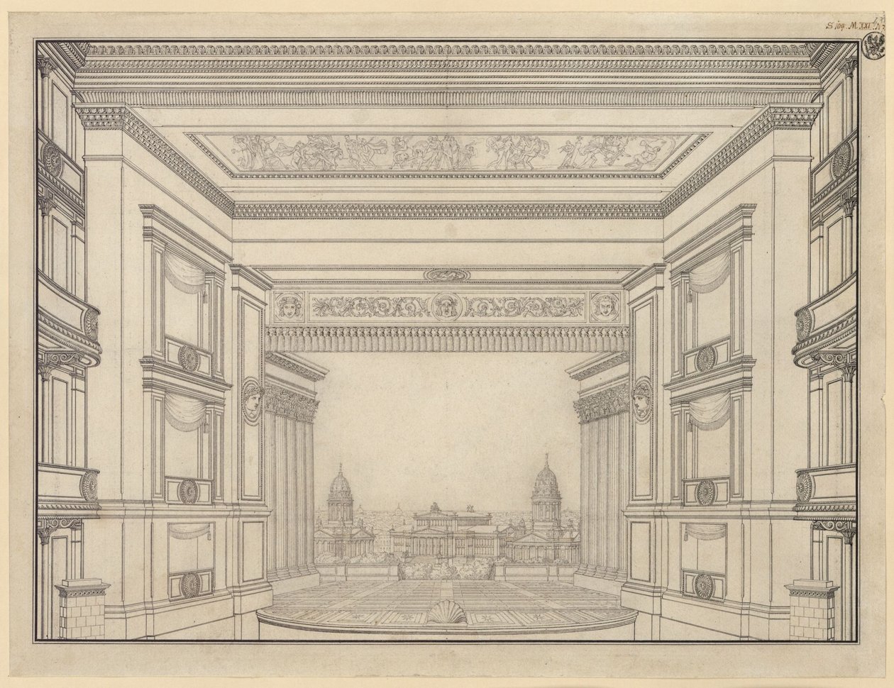 Berlin. A Gendarmenmarkt színháza, színpad alkotó: Karl Friedrich Schinkel