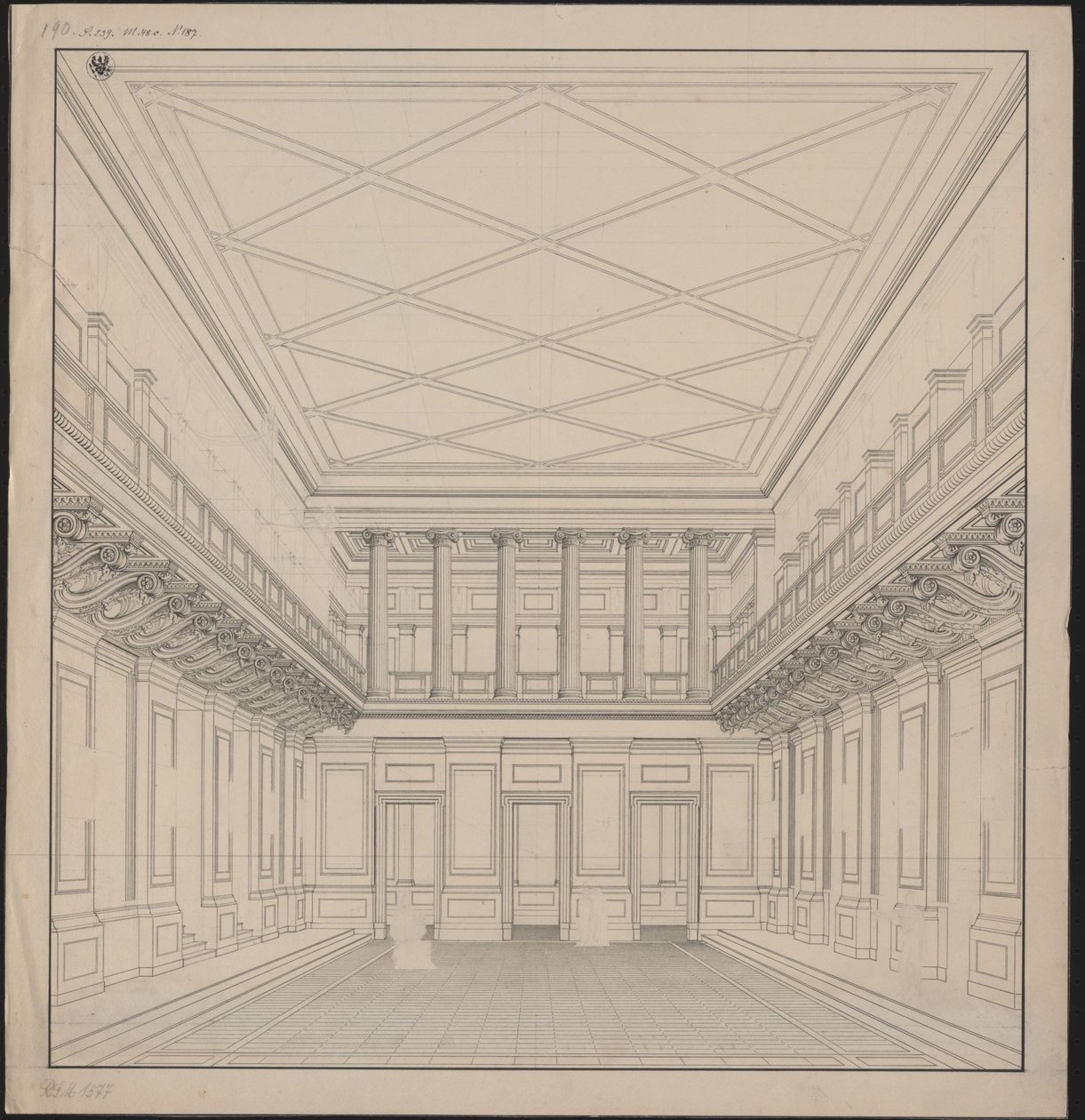 Berlin. Schauspielhaus a Gendarmenmarkton, hangversenyterem. Látkép alkotó: Karl Friedrich Schinkel