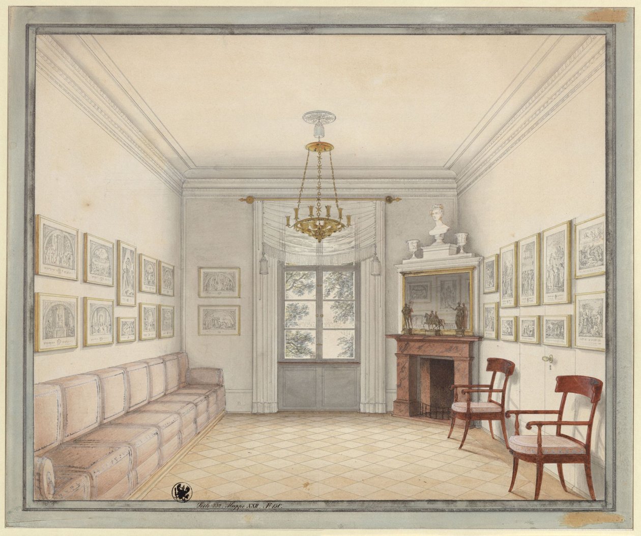 Berlin. Charlottenburg-kastély, kastélypark, Új pavilon (Schinkel-pavilon). A Fehér szoba látképe mintául szolgálva az emeleti helyiségek kialakításához alkotó: Karl Friedrich Schinkel