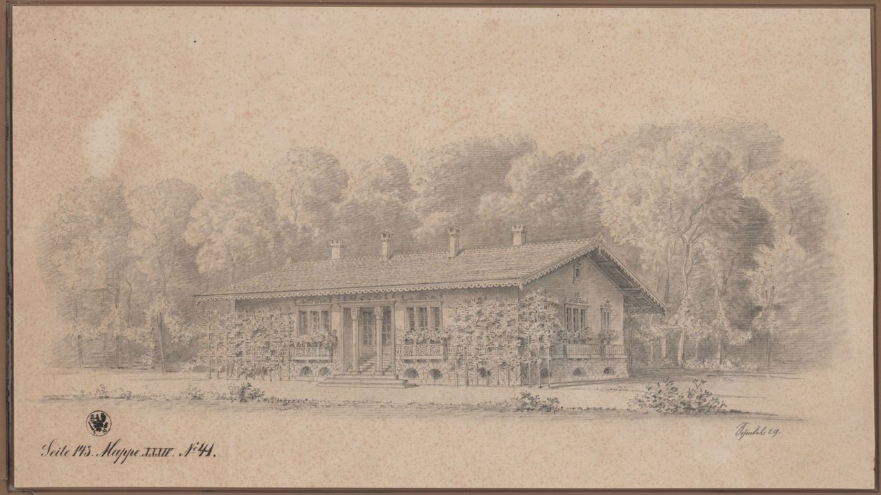 Berlin. Svájci ház a Pfaueninsel szigeten. Kilátás alkotó: Karl Friedrich Schinkel