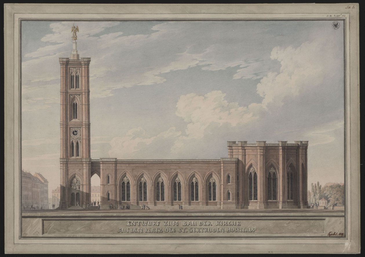 Berlin, Spittelmarkt. Terv a Szent Gertrúd-templomhoz. Külső nézet alkotó: Karl Friedrich Schinkel