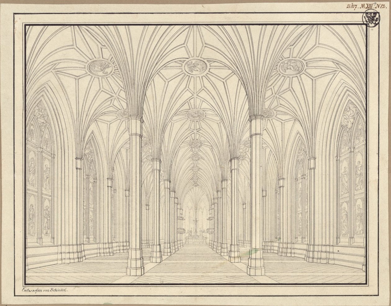 Berlin, Spittelmarkt. Terv a Szent Gertrúd-templomhoz. Belső nézet, a főhajón át a kórus felé alkotó: Karl Friedrich Schinkel