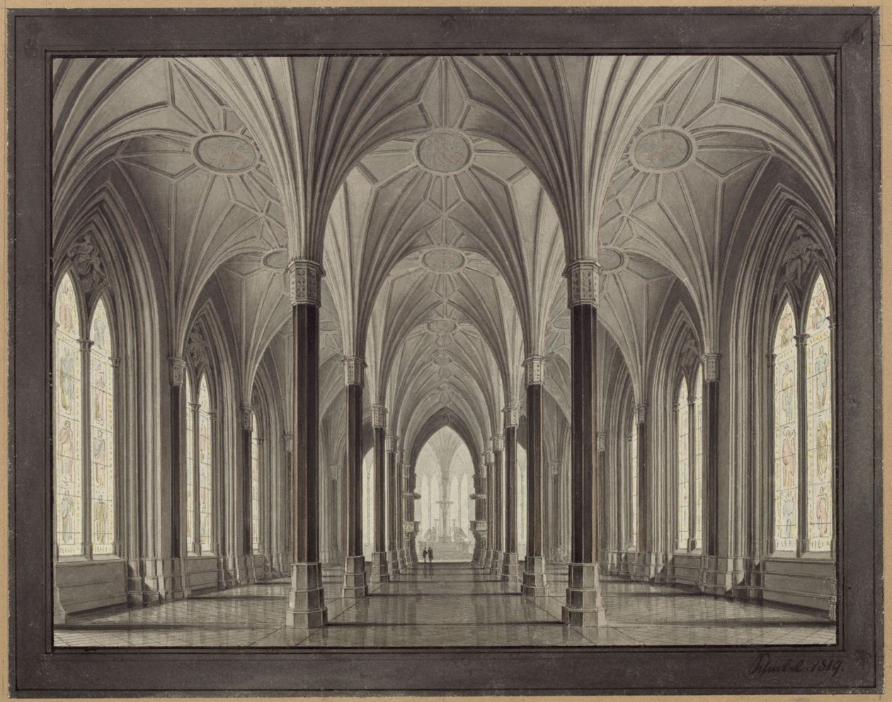 Berlin, Spittelmarkt. Terv a Szent Gertrúd-templomhoz. Belső nézet, a főhajón át a szentély felé alkotó: Karl Friedrich Schinkel