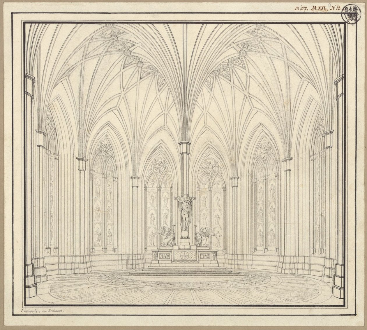 Berlin, Spittelmarkt. Terv a Szent Gertrúd-templomhoz. A kórus belső nézete alkotó: Karl Friedrich Schinkel