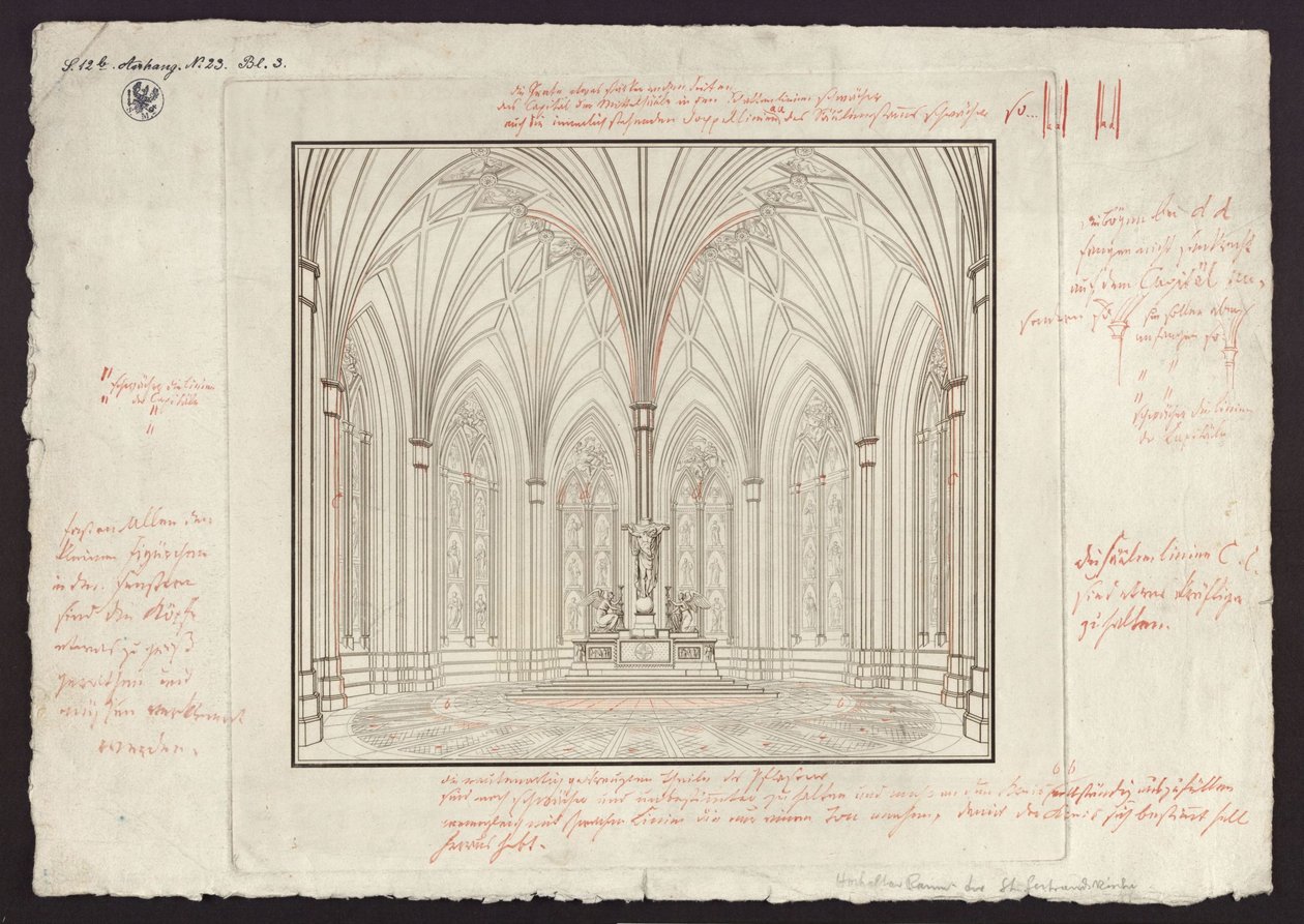 Berlin, Spittelmarkt. Terv a Szent Gertrúd-templomhoz. A kórus belső nézete, javításokkal alkotó: Karl Friedrich Schinkel