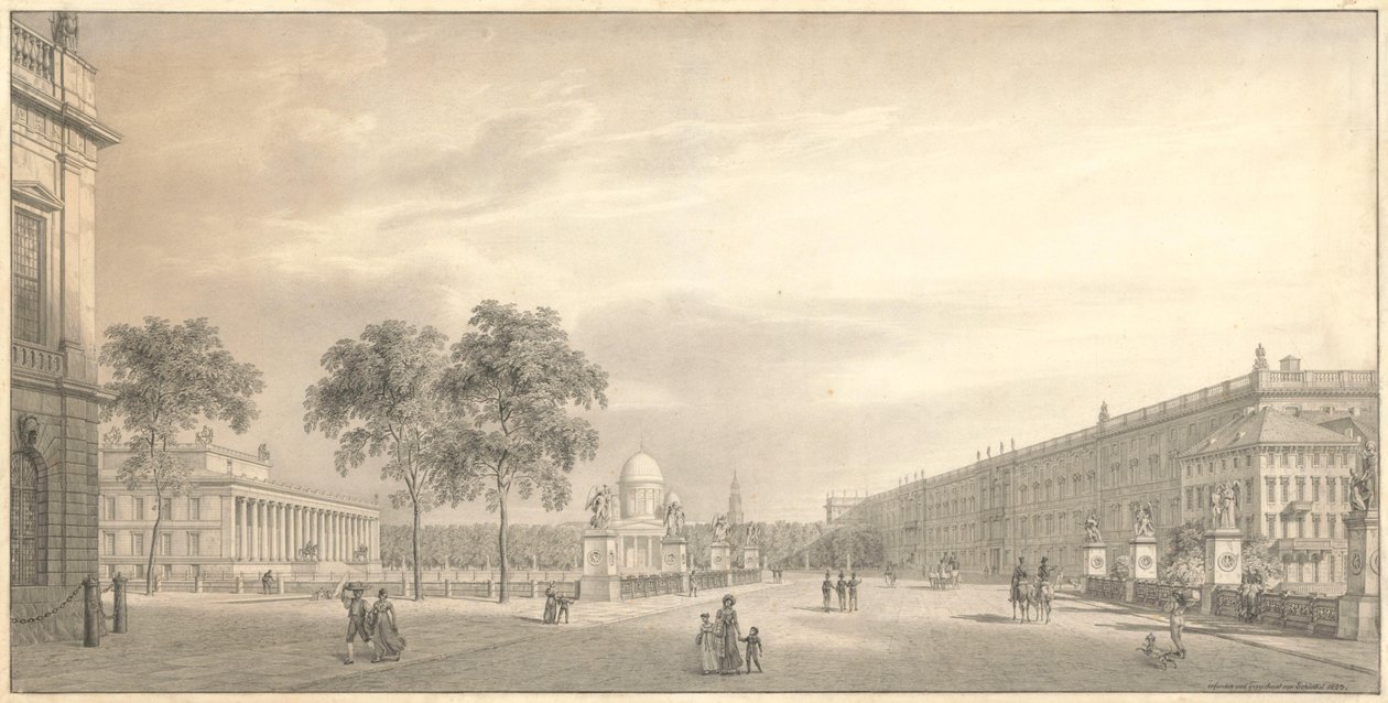 Berlin, Unter den Linden. Kilátás a Lustgartenre a Schlossbrücke-vel, az Alt Museummal, a dómmal és a kastéllyal alkotó: Karl Friedrich Schinkel