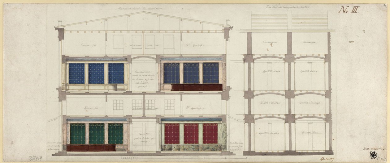Berlin, Unter den Linden. Áruház tervrajza. Két metszet alkotó: Karl Friedrich Schinkel