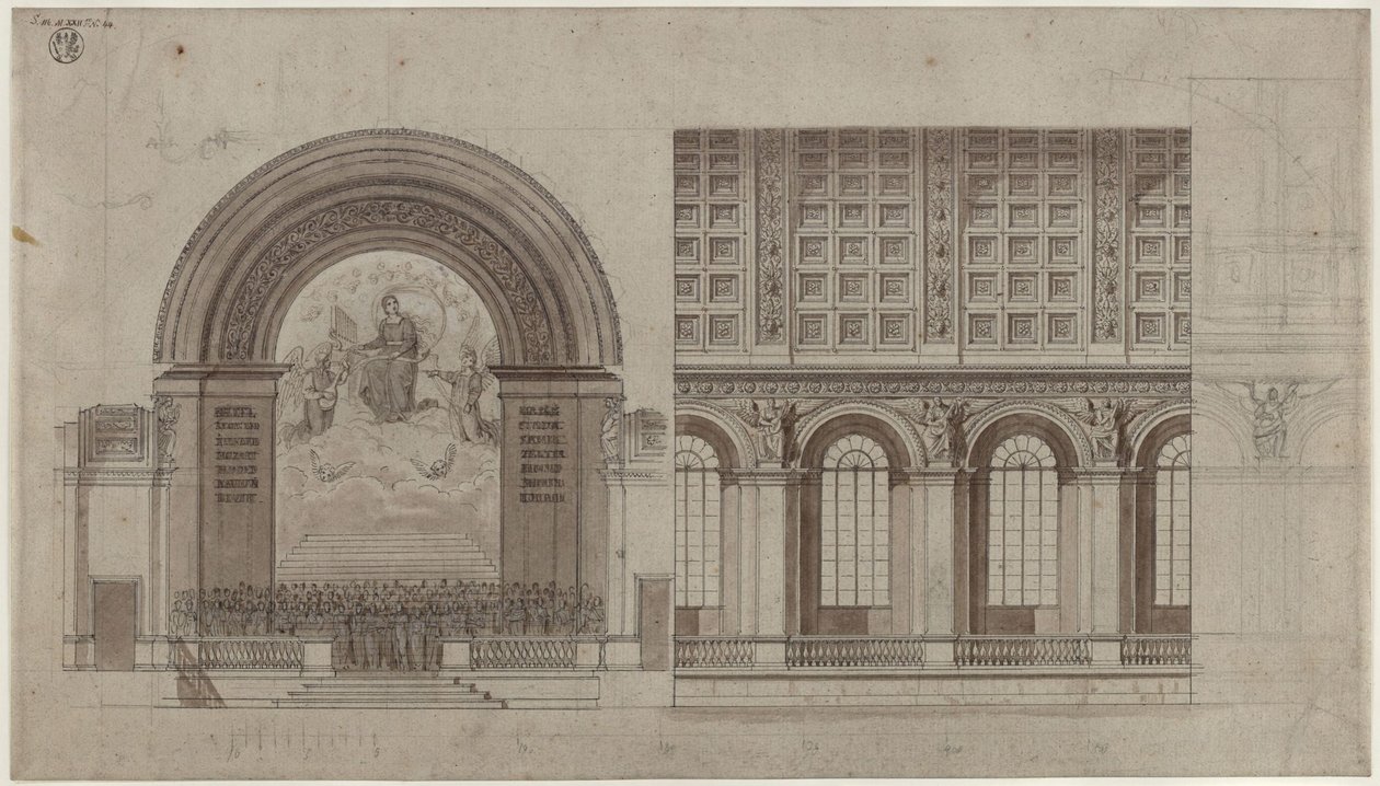 Berlin, Unter den Linden. Terv a Művészeti Akadémia hátsó szárnyában elhelyezett Sing-Akademie teremhez. Keresztmetszet és hosszmetszet alkotó: Karl Friedrich Schinkel