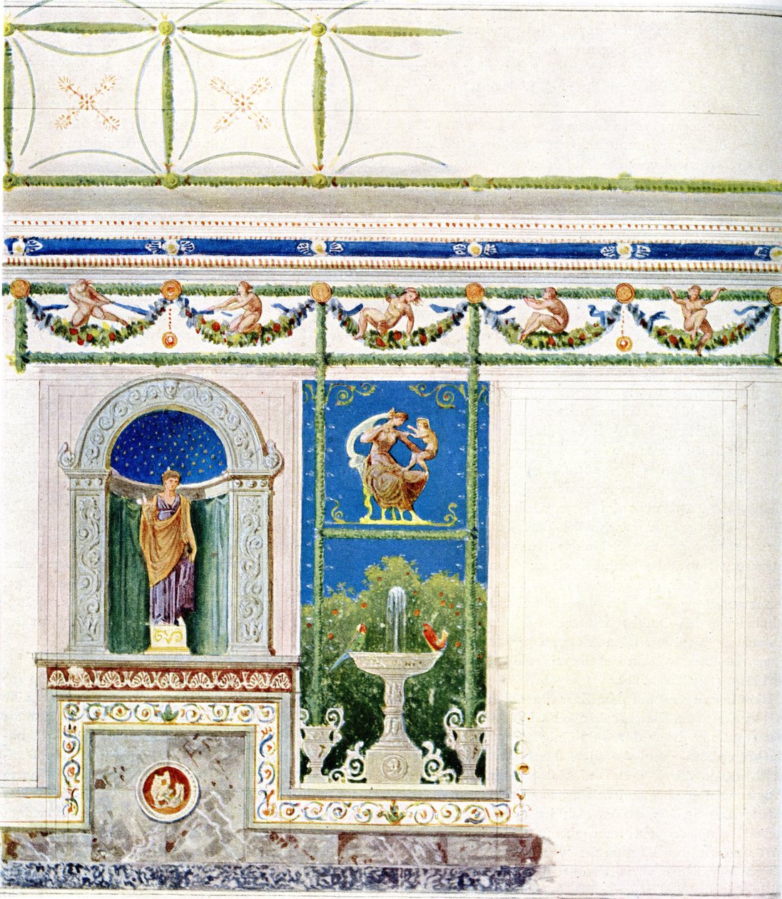Berlin, Wilhelmplatz. Károly porosz herceg palotája, étkező. Fal- és mennyezetterv alkotó: Karl Friedrich Schinkel