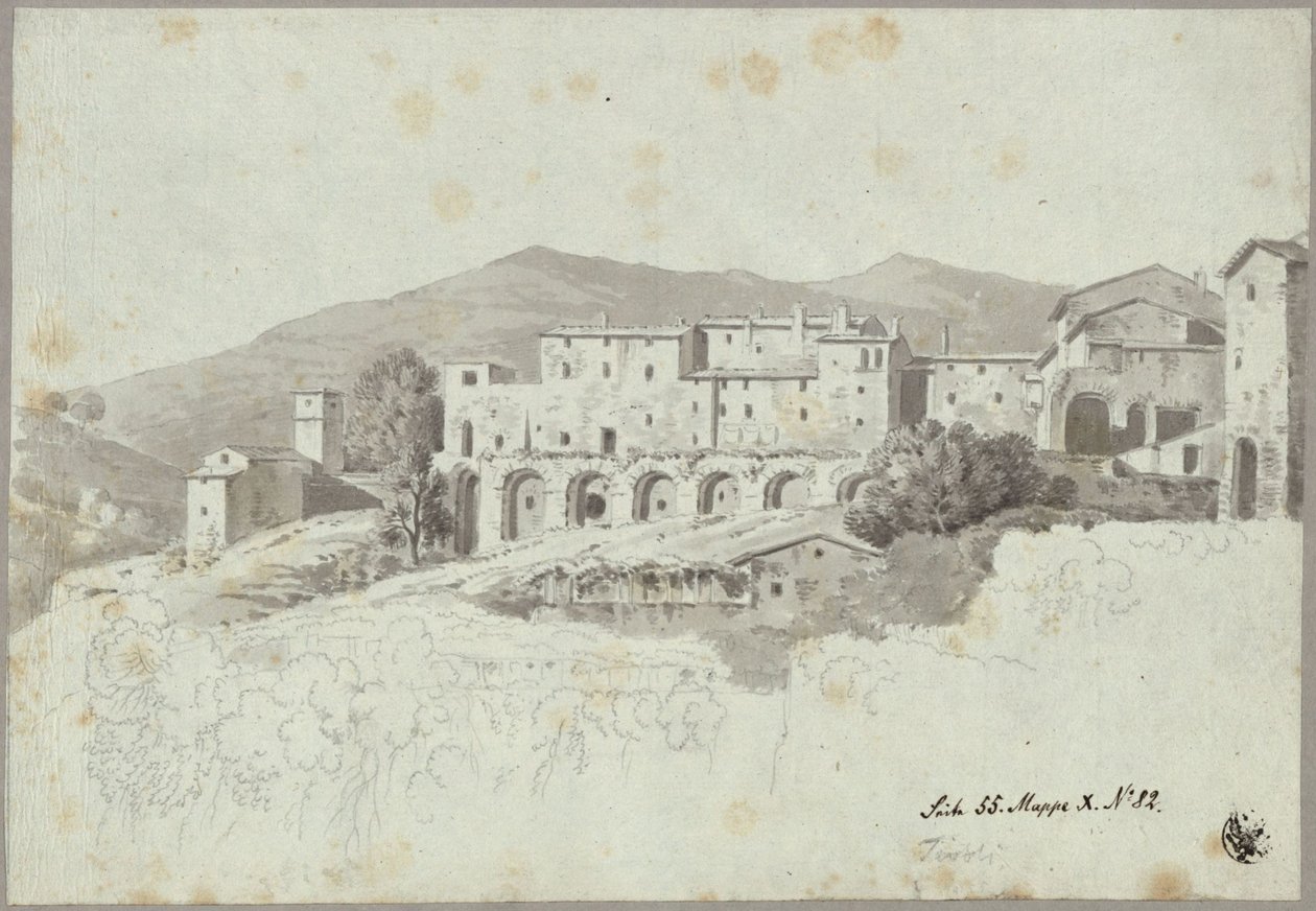 Kilátás a Tivoliban, a Piazza Domenico Tanin lévő, az antik kor után felülépített kriptoportikusra alkotó: Karl Friedrich Schinkel