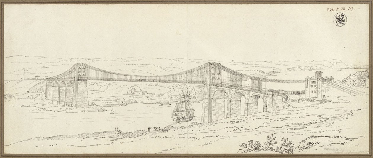 Kilátás a Bangor melletti, walesi Menai-szoros feletti függőhídra alkotó: Karl Friedrich Schinkel