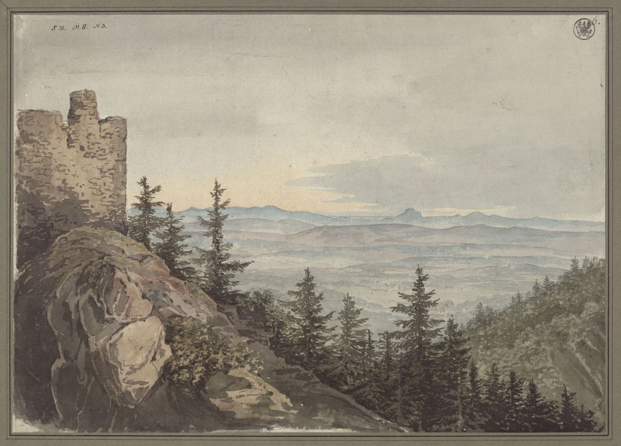 Kilátás a Geiersburg romjaitól Teplitz síkságára a Maria Schein kolostorral, háttérben a Cseh-hegységgel alkotó: Karl Friedrich Schinkel