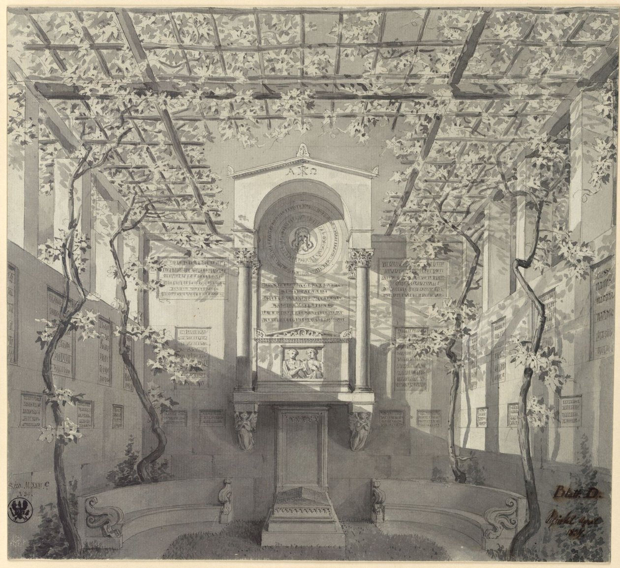 Bonn. Barthold Georg Niebuhr síremlékének terve, pergolával alkotó: Karl Friedrich Schinkel