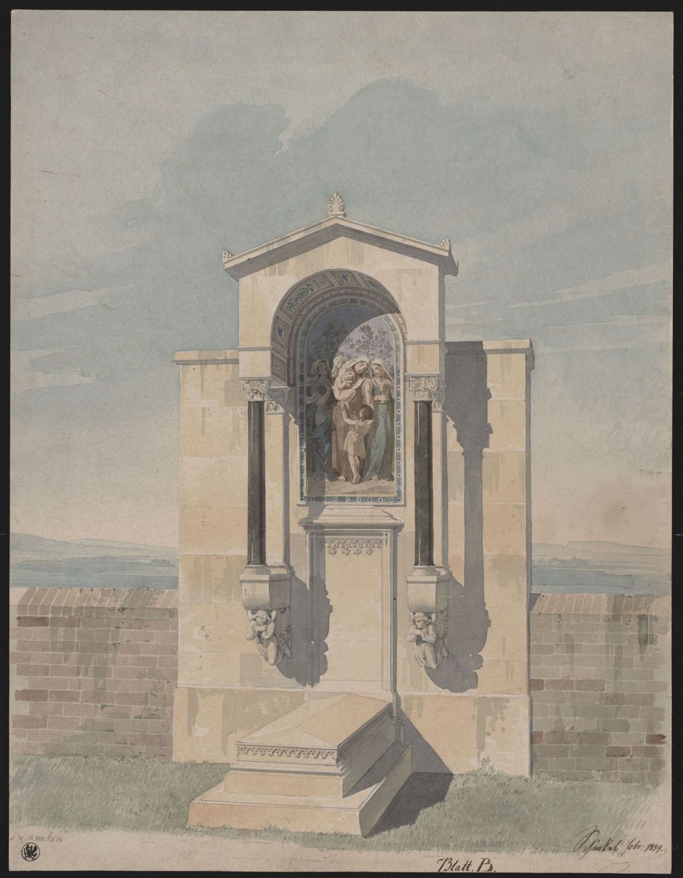 Bonn. Terv Barthold Georg Niebuhr síremlékéhez, a keresztény erények „Hit, Szeretet, Remény” ábrázolásával alkotó: Karl Friedrich Schinkel