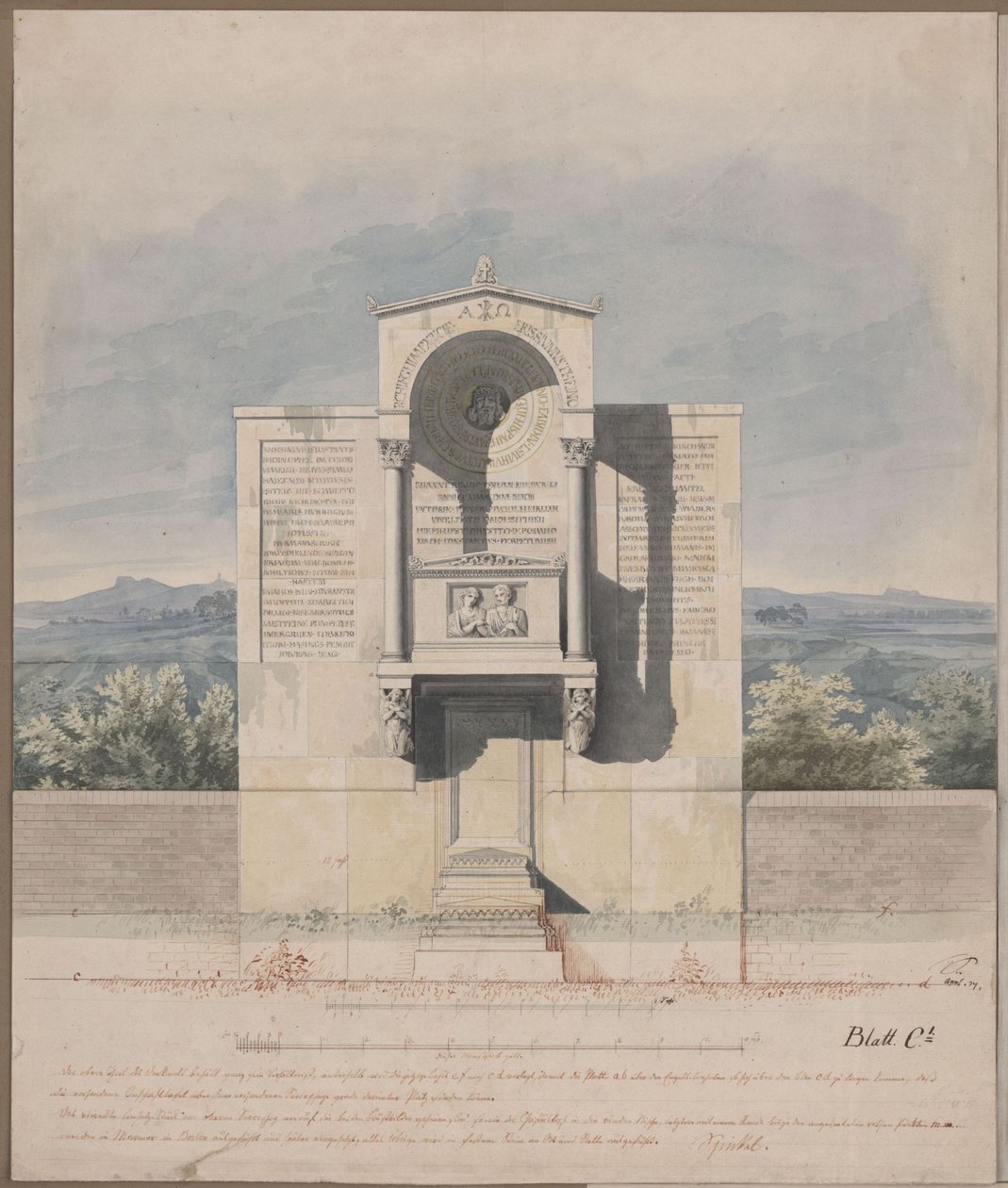 Bonn. Terv Barthold Georg Niebuhr síremlékéhez, a házaspár domborműportréjával alkotó: Karl Friedrich Schinkel