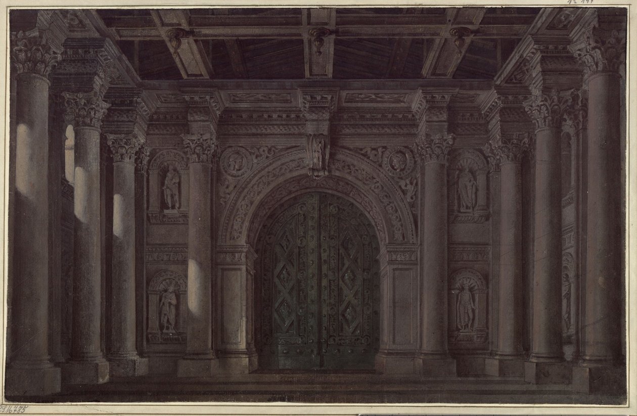 Messinai menyasszony. Friedrich Schiller tragédiája. Terv az 1. és az utolsó díszlethez. Csarnok oszlopokkal és kapuval alkotó: Karl Friedrich Schinkel