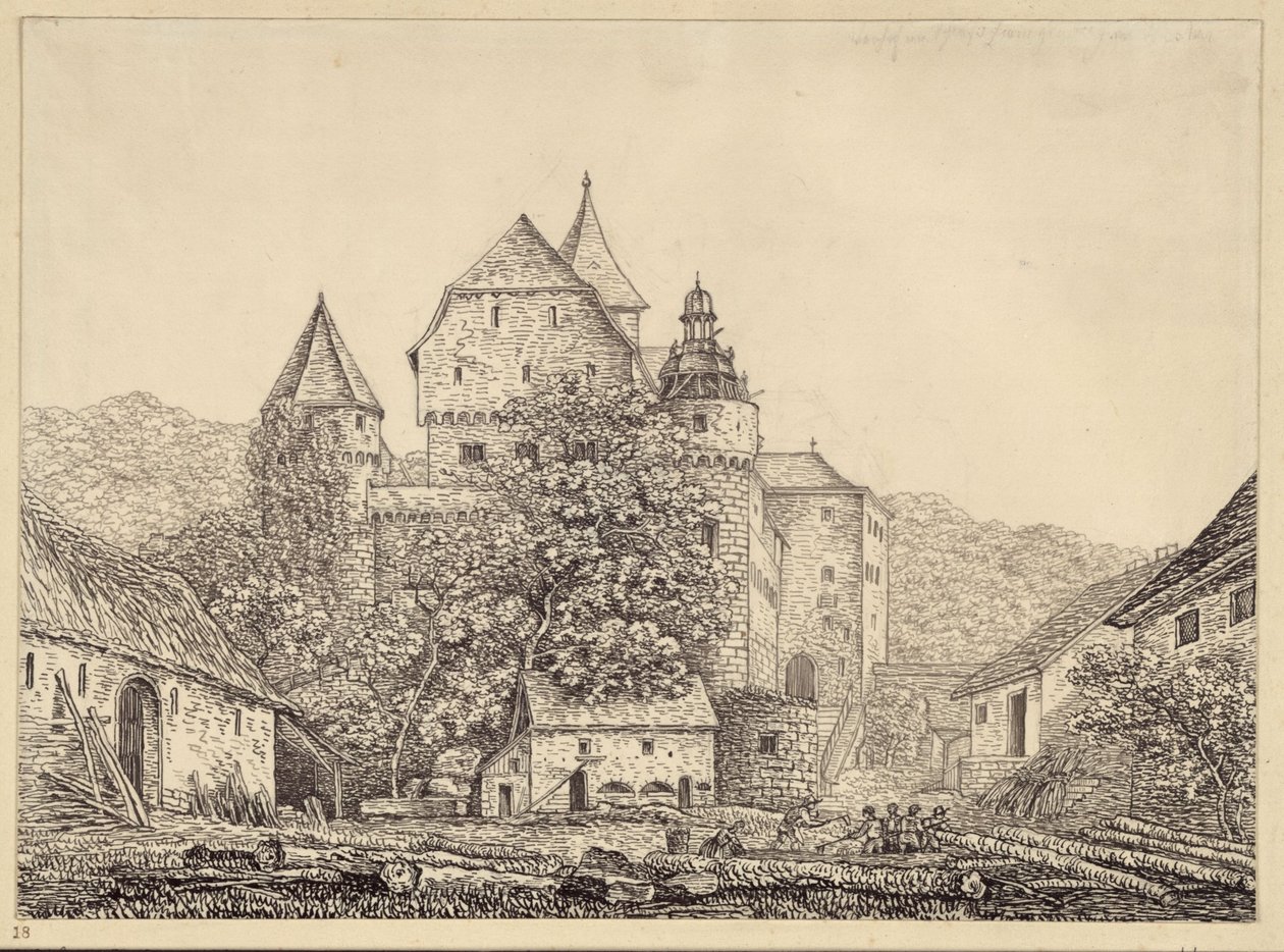 Várszerű épületcsoport hegyvidéki tájban alkotó: Karl Friedrich Schinkel