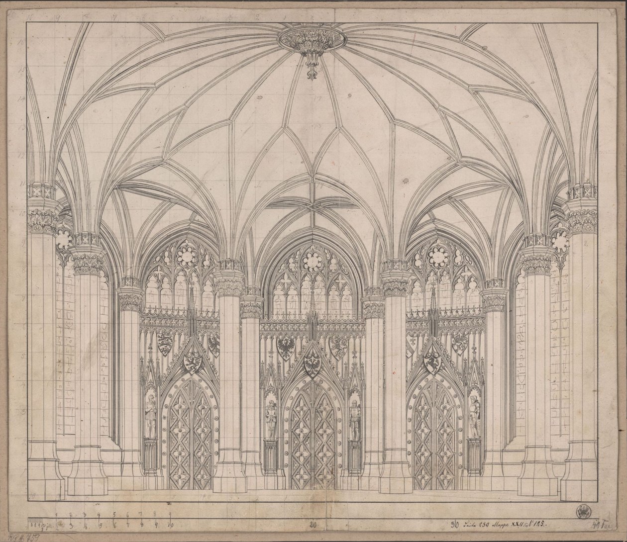 Díszítés általános használatra. Gótikus szoba három ajtóval és széles ablakokkal alkotó: Karl Friedrich Schinkel