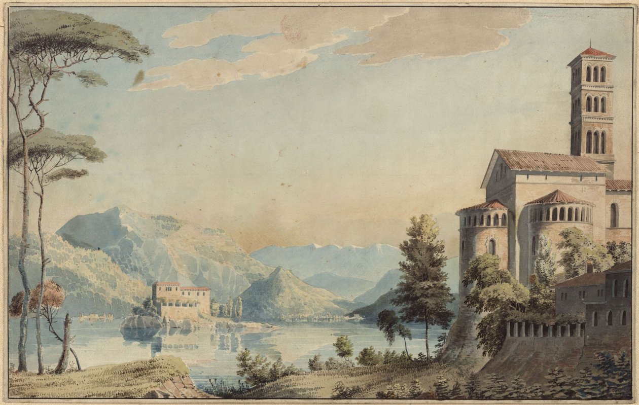 Díszítés általános használatra. Táj tóval és templommal alkotó: Karl Friedrich Schinkel