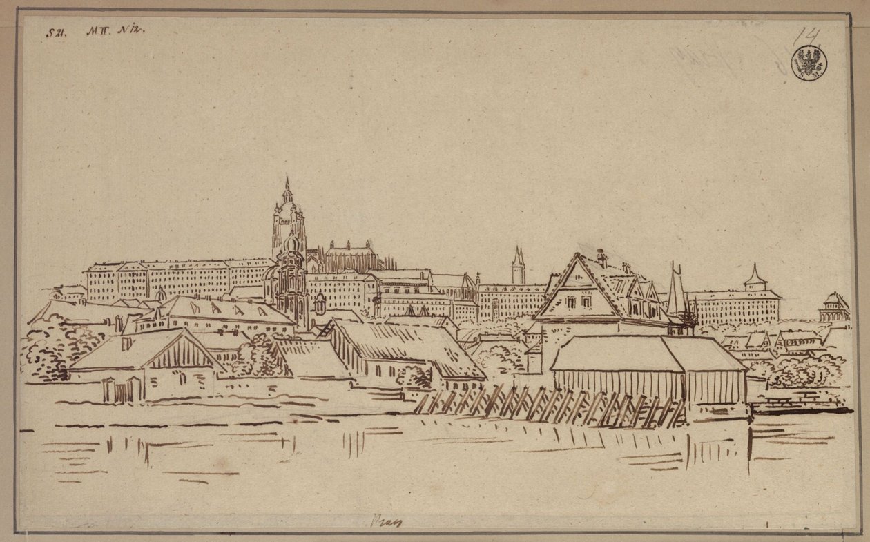 A prágai Hradzsin, előtérben a Kisoldal épületei alkotó: Karl Friedrich Schinkel