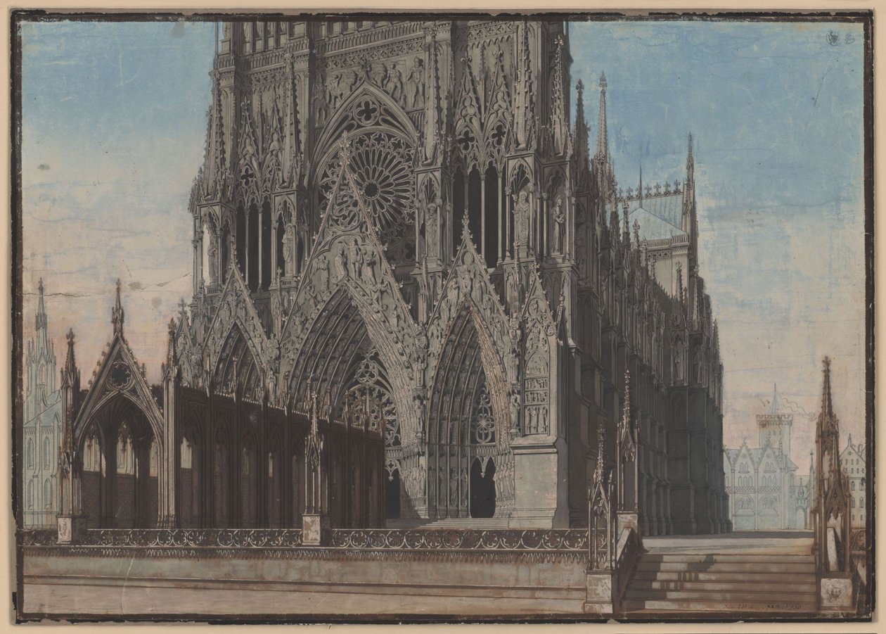 Az orléans-i szűz. Tragédia Friedrich Schiller tollából. A 9. díszlet vázlata. A reimsi székesegyház homlokzata alkotó: Karl Friedrich Schinkel