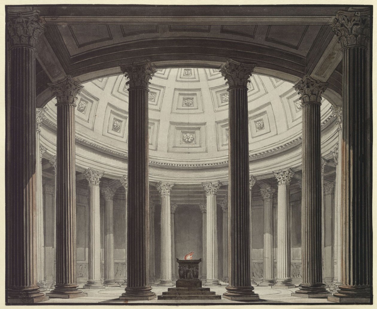 A Vesta-szűz. Gaspare Spontini operája. Terv a 2. díszlethez. Betekintés Vesta templomába alkotó: Karl Friedrich Schinkel