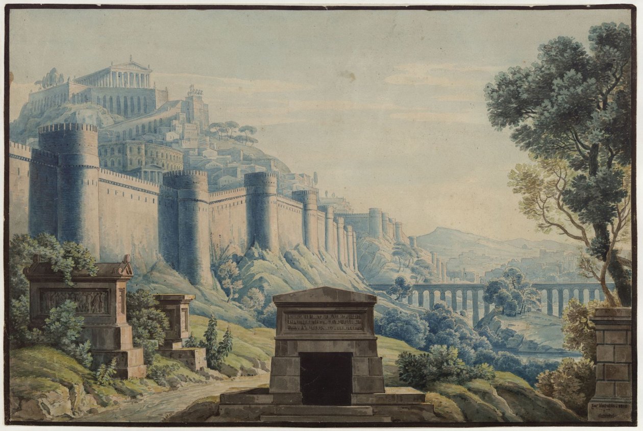 A Vestalin. Gaspare Spontini operája. A 3. díszlet vázlata. Antik stílusú város egy hegyen, magas falak mögött alkotó: Karl Friedrich Schinkel