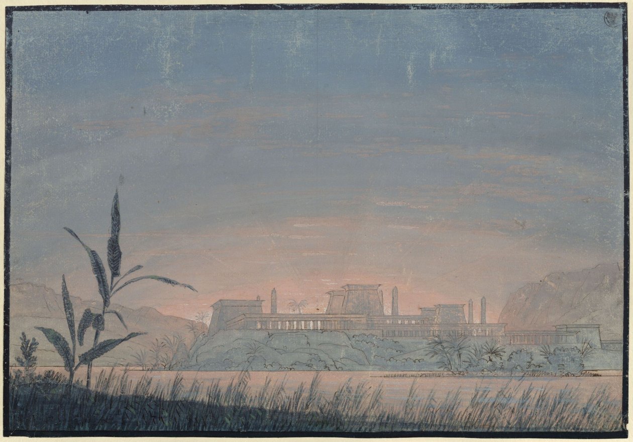 A varázsfuvola. Wolfgang Amadeus Mozart operája. Terv a 10. díszlethez. Táj Sarastro várával alkotó: Karl Friedrich Schinkel