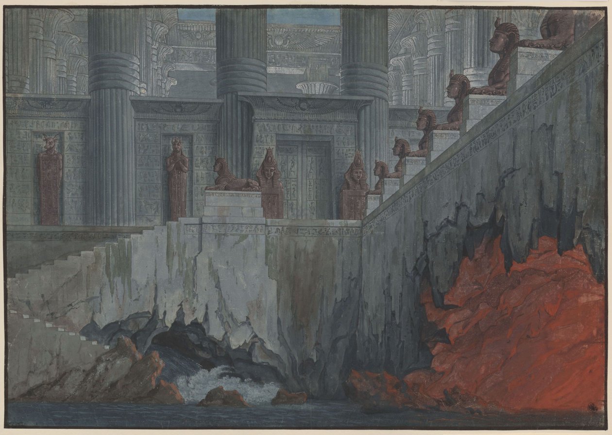 A varázsfuvola. Wolfgang Amadeus Mozart operája. Terv a 11. díszlethez. A tűz és a víz temploma alkotó: Karl Friedrich Schinkel