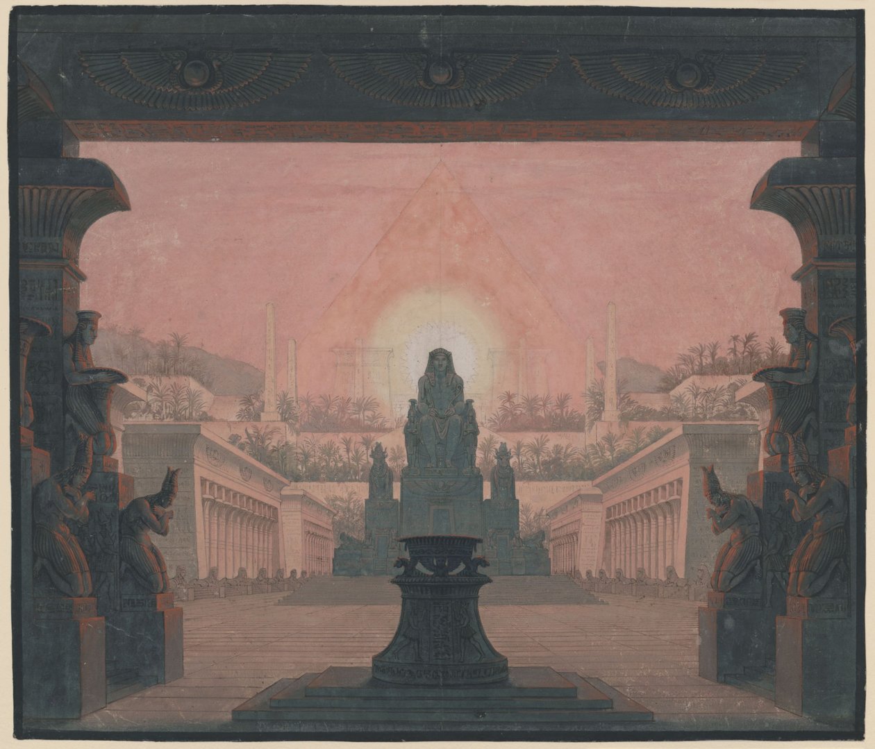 A varázsfuvola. Wolfgang Amadeus Mozart operája. Terv a 12. díszlethez. Sarastro naptemploma alkotó: Karl Friedrich Schinkel