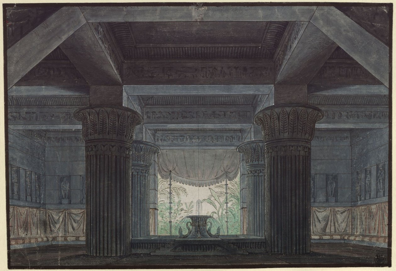 A varázsfuvola. Wolfgang Amadeus Mozart operája. Terv a 3. díszlethez. Csarnok Sarastro várában alkotó: Karl Friedrich Schinkel
